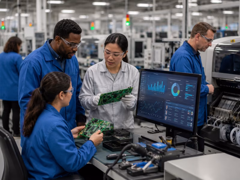 Electronics manufacturing technicians review circuit boards and production data on a modern factory floor.