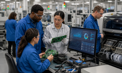Electronics manufacturing technicians review circuit boards and production data on a modern factory floor.