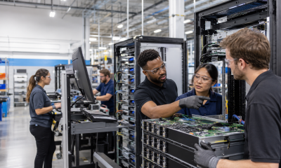 Electronics manufacturing technicians inspect and test high-performance server equipment on a modern production floor.