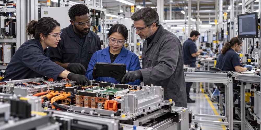 Manufacturing technicians and an engineer review a power-electronics assembly on a modern automated production floor.