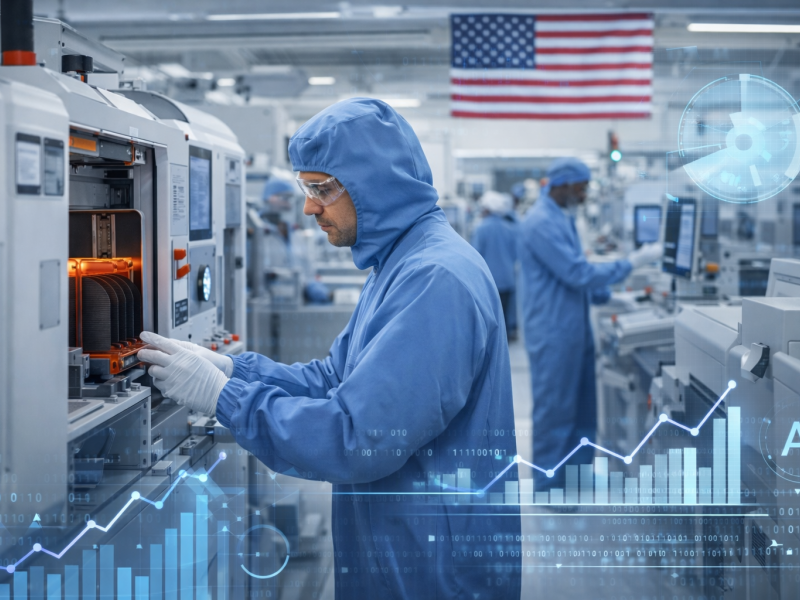 Technician in a semiconductor manufacturing facility inspecting equipment, with digital data graphics overlay representing AI and industry growth.