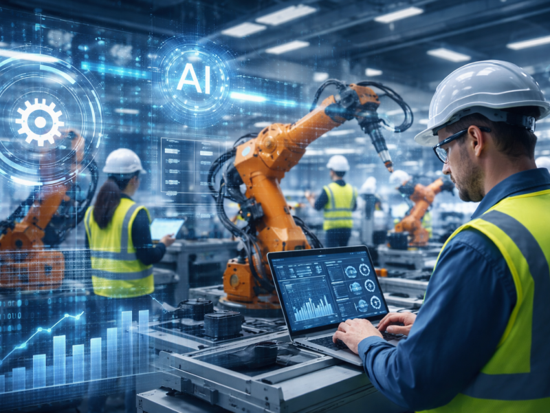 Engineers working on a smart manufacturing floor with robotic arms and AI data dashboards, illustrating digital transformation in manufacturing.