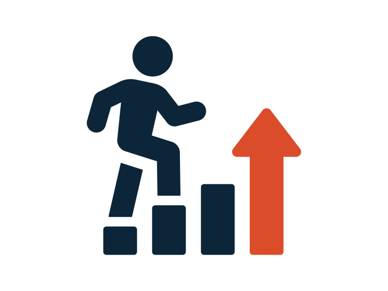 Icon of person walking up a bar graph with arrow pointing upwards to signify growth
