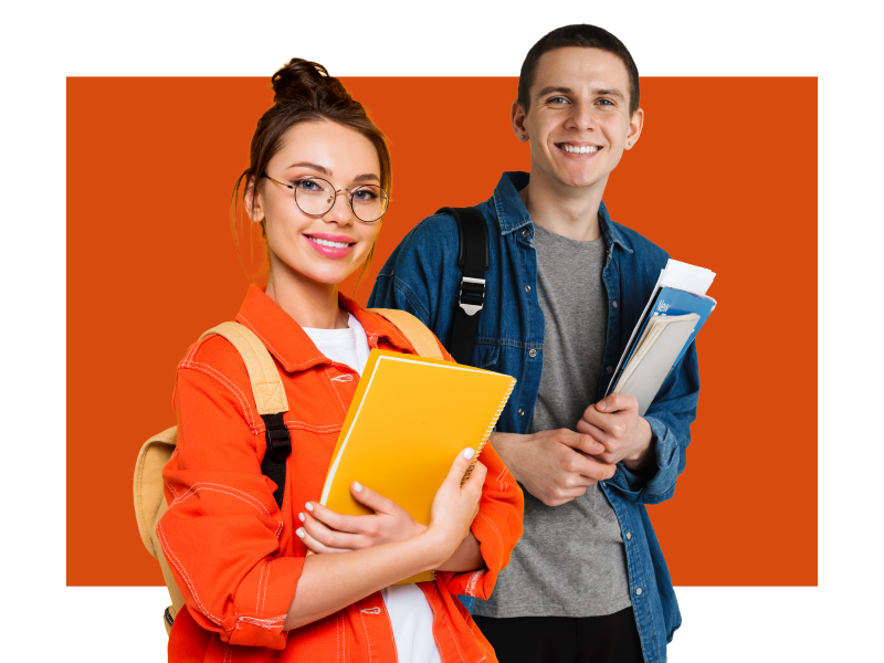 Two people standing holding books