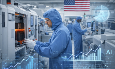 Technician in a semiconductor manufacturing facility inspecting equipment, with digital data graphics overlay representing AI and industry growth.