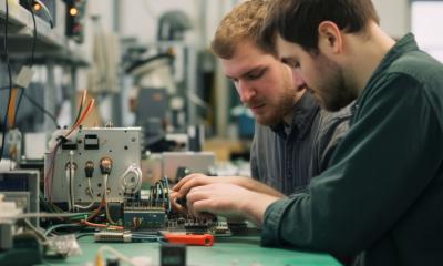 Two interns working on a circuit board in a shop setting