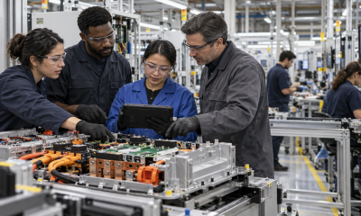 Manufacturing technicians and an engineer review a power-electronics assembly on a modern automated production floor.