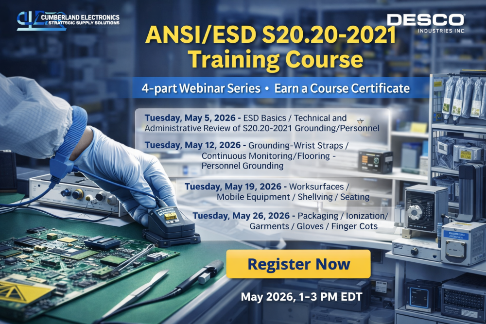 Promotional graphic for the ANSI/ESD S20.20-2021 Training Course hosted by Desco Industries and CE3S, featuring an ESD-safe workstation with a technician wearing a wrist strap, circuit boards on a grounded mat, monitoring equipment, and a schedule highlighting four May 2026 webinar dates with a “Register Now” call to action.