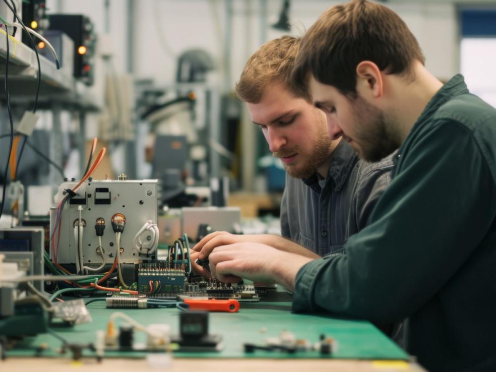 Two interns working on a circuit board in a shop setting